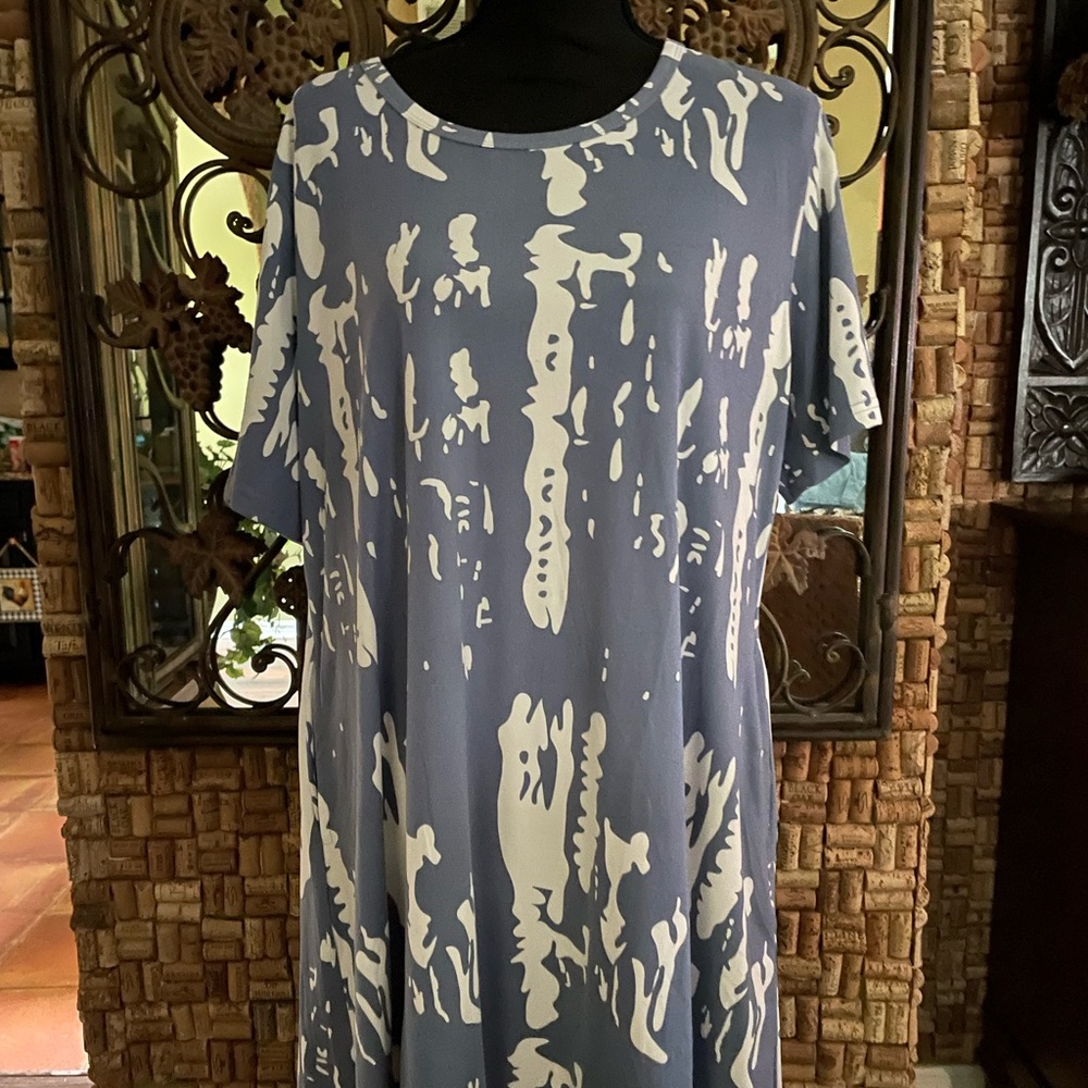 Super Nice, Comfy, Casual Dusty Blue & White Dress w Side Pockets 2XL